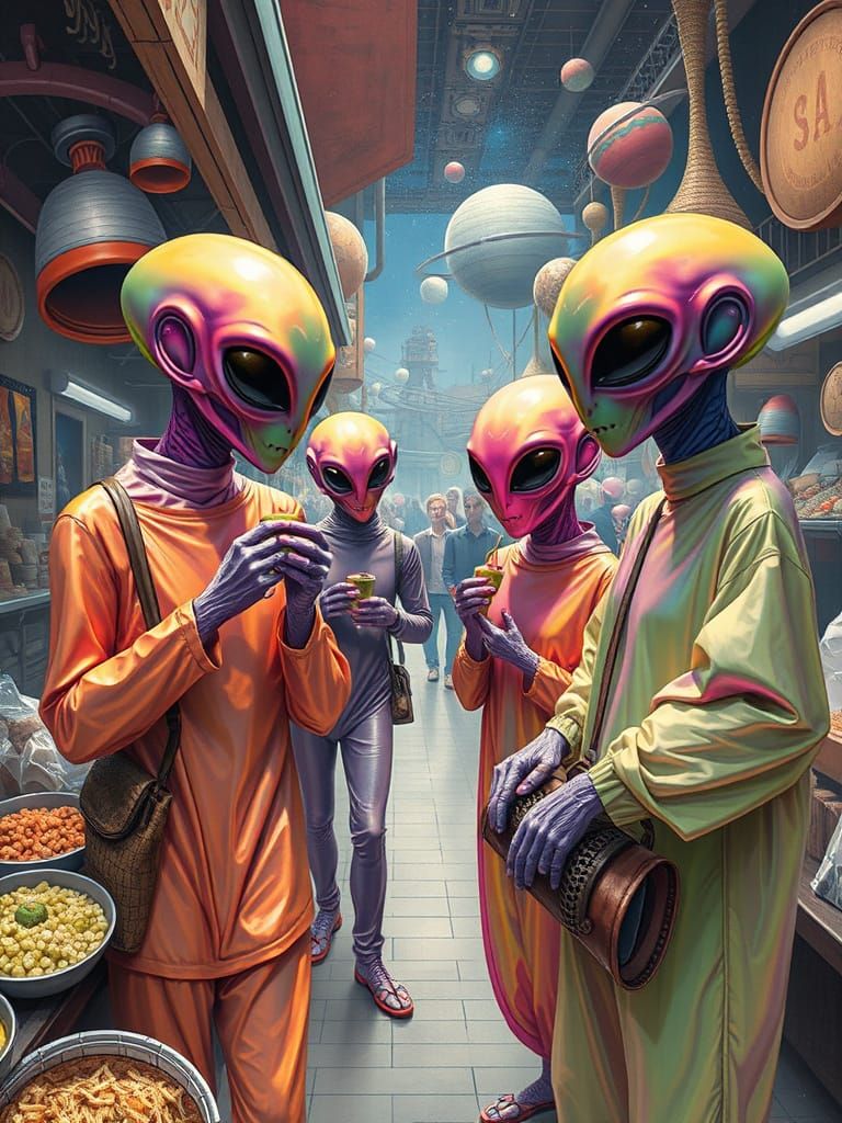 Alien Market Scene in Surreal Futuristic Style