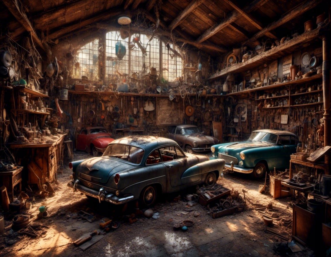 Forgotten Garage with Classic Cars in Disrepair