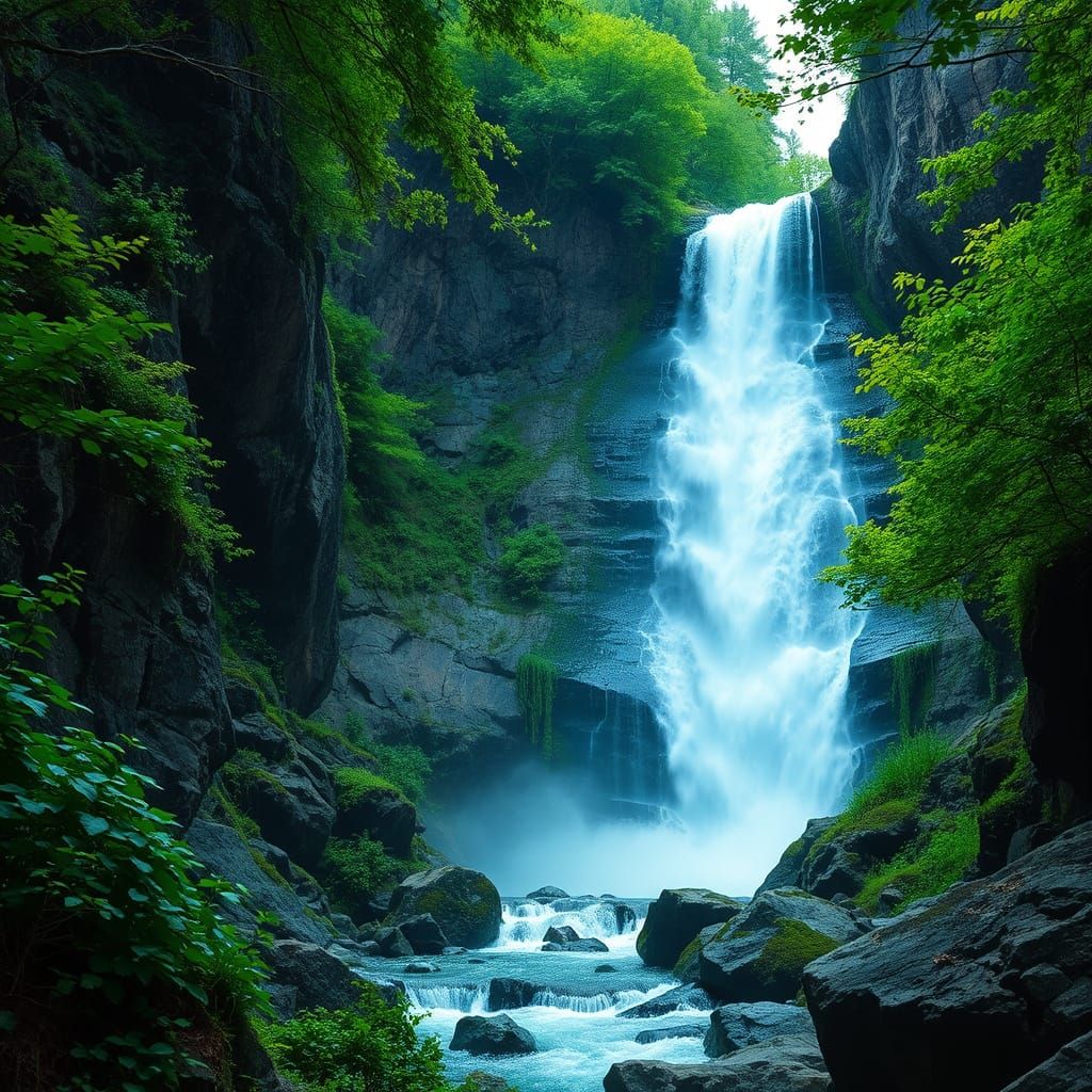 Majestic Waterfall in Lush, Rocky Landscape