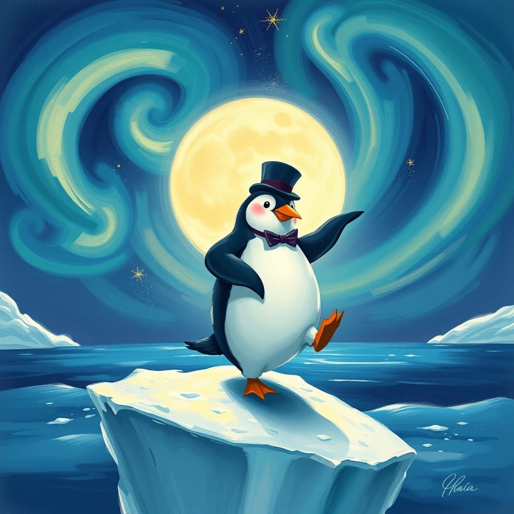 Dancing Penguin in Whimsical Moonlit Scene