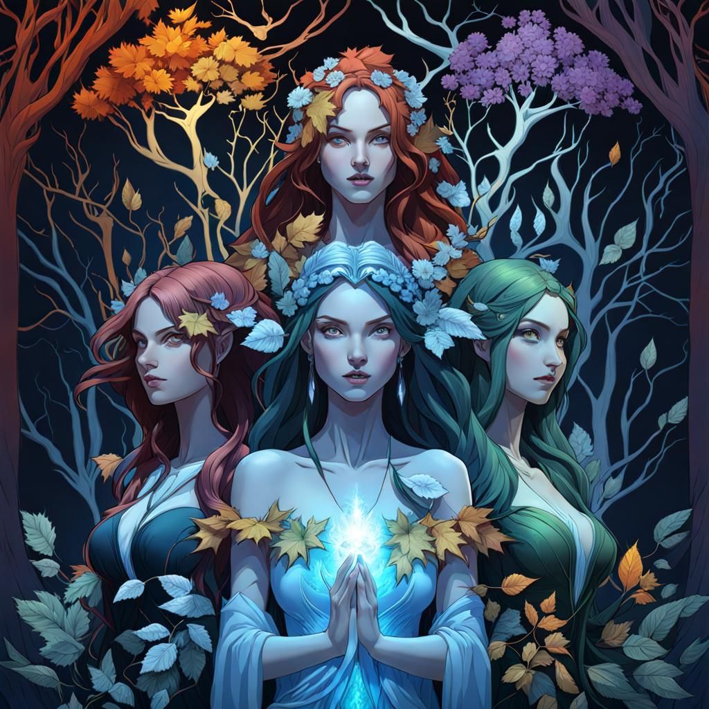 Four Season Dryads in a Fantasy Forest