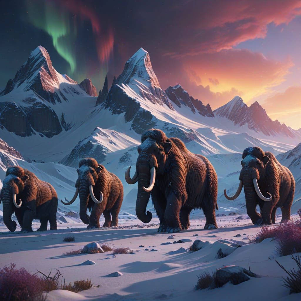 Woolly Mammoths on Snowy Plain, Dark Fantasy Concept Art