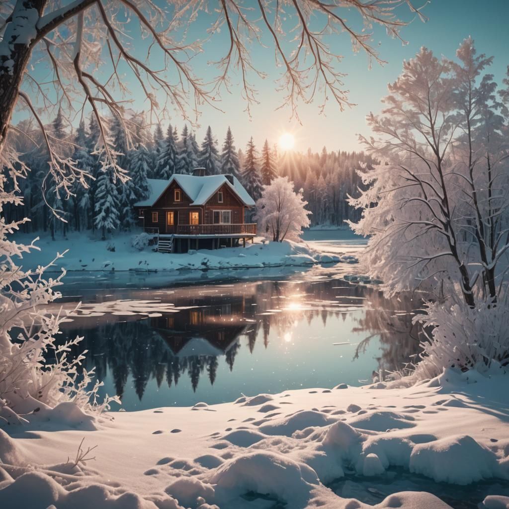 Cozy Winter Cabin in Anime-Inspired Landscape