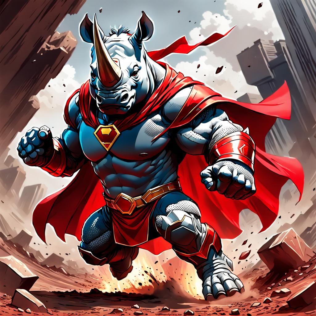 Chibi Rhino Superhero Punches Ground: Manga Illustration