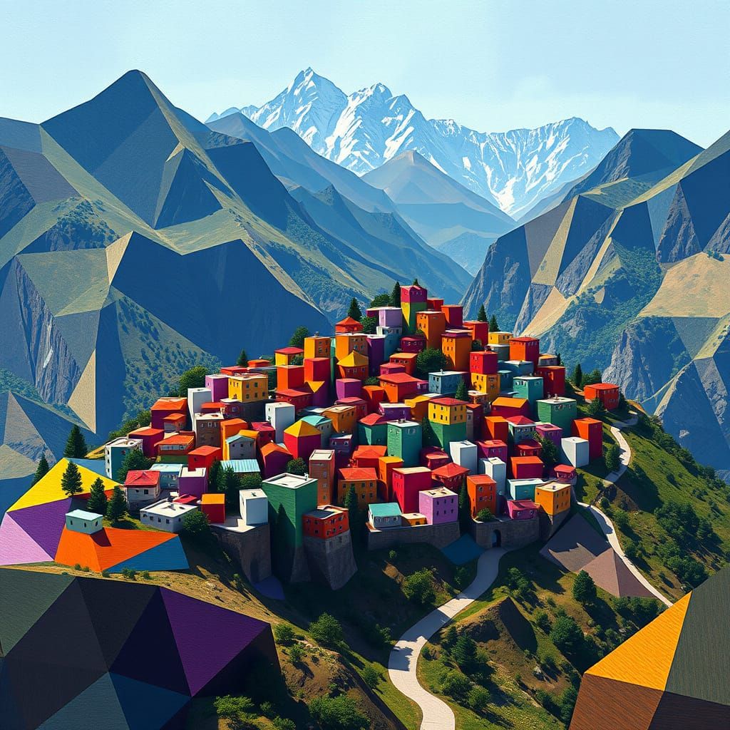 Angular Village in Vibrant Cubist Style