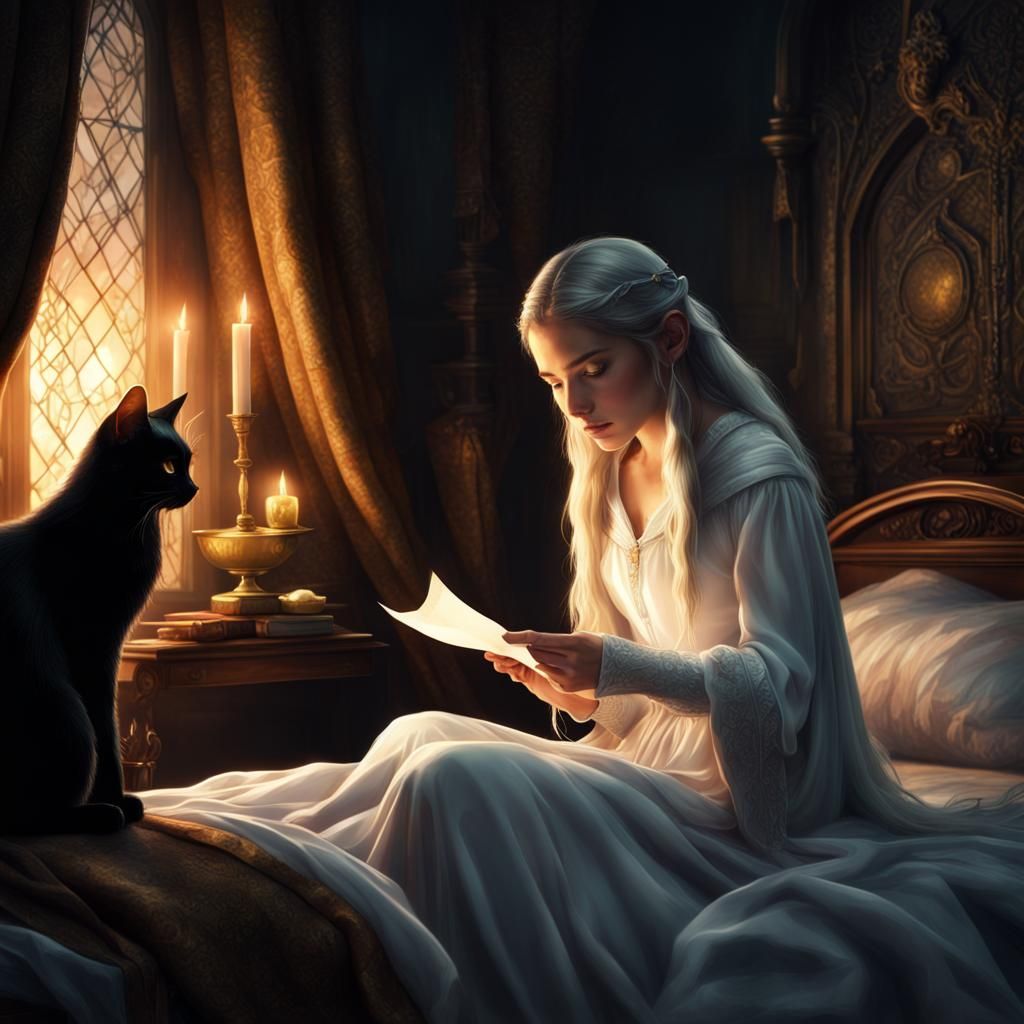 Elf Maiden Reading Letter with Cat