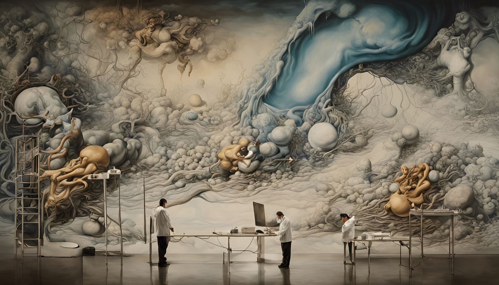 Scientists Analyze Giant Graph in Surreal Style