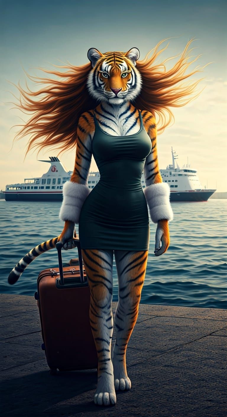 Anthropomorphic Tigress at the Quay: Cinematic Film Still