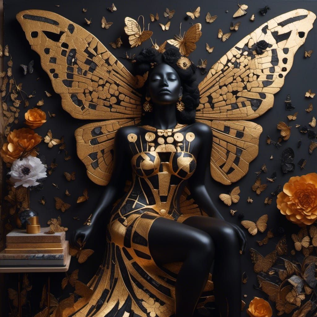 Obsidian Butterfly Goddess Painting in Cubist Style