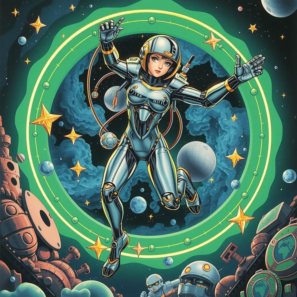 Retro Sci-Fi Robotic Woman Jumps Through Portal