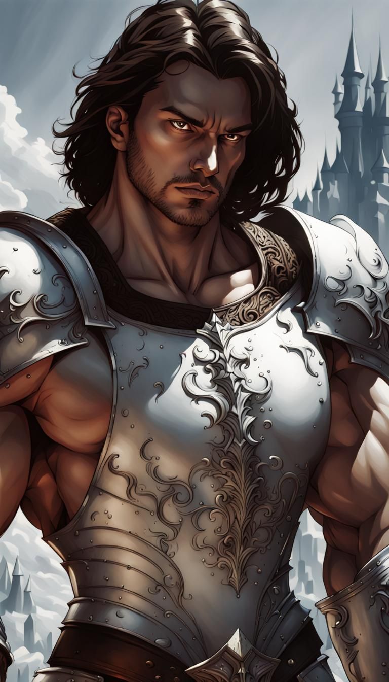 Brunette Knight in White Armor Fantasy Art