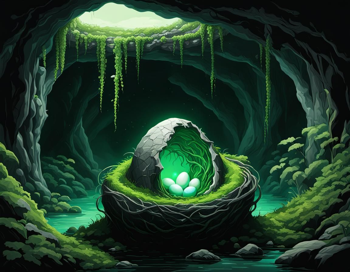 Bioluminescent Dragon Cave in Black and White