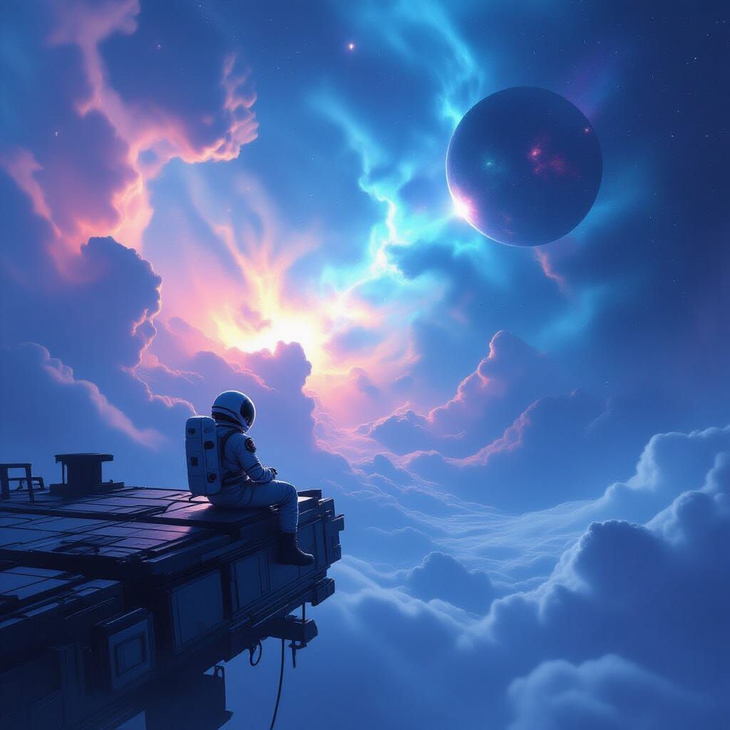 Astronaut Adrift in Cosmic Void Near Nebula