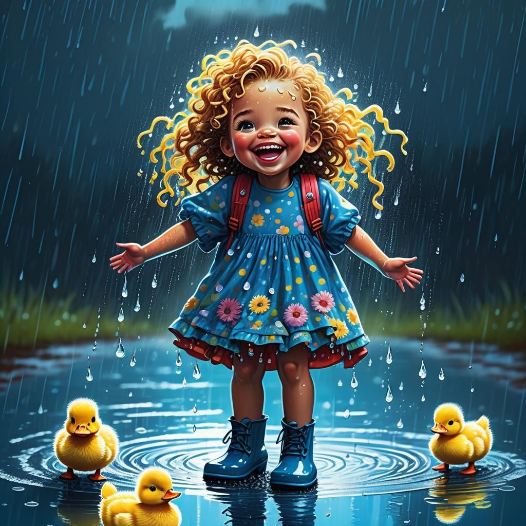 little girl with a fluffy cartoon face, laughing, curly hair...