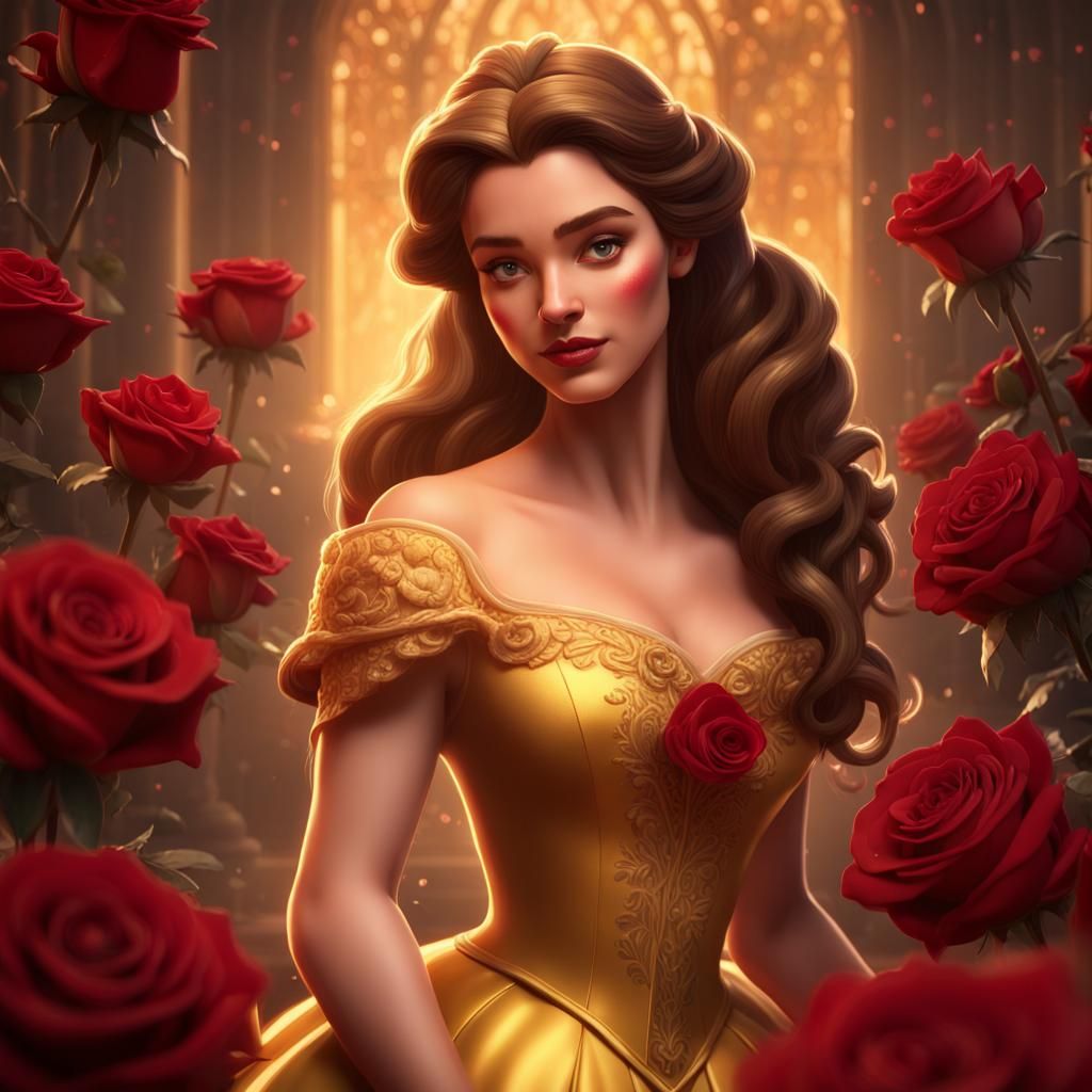 Princess Belle Surrounded by Roses, Soft Animation Style