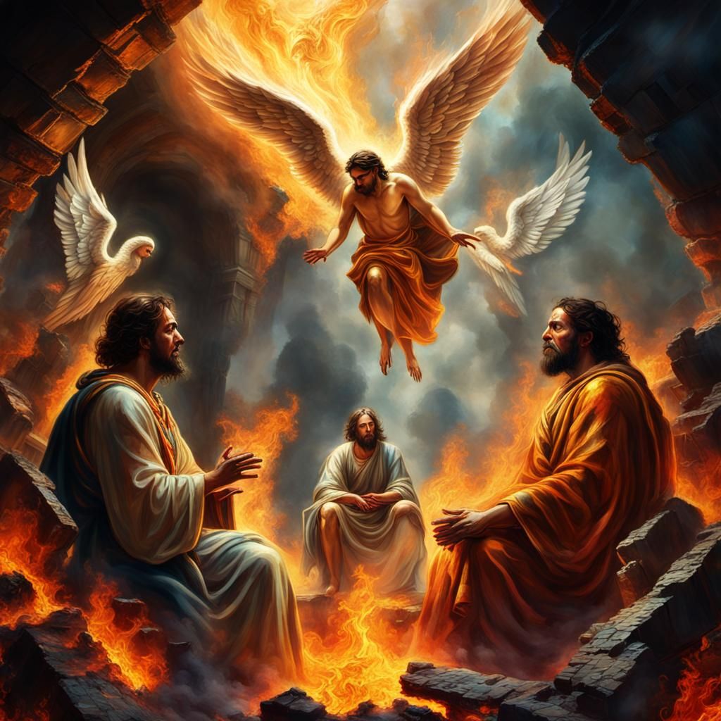 Epic Biblical painting double exposure style of Daniel, Shad...