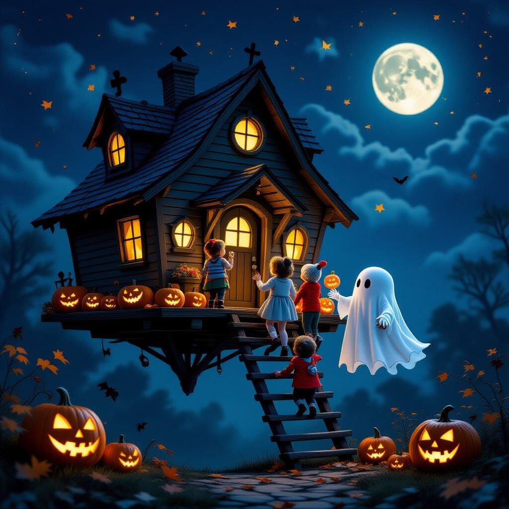 Whimsical Haunted House Flies Through Autumn Night Sky