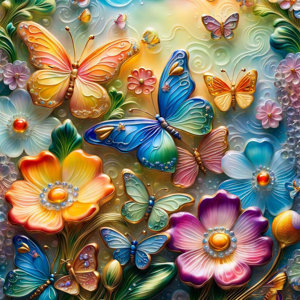 Dreamy Enamel Glass Art with Flowers and Butterflies