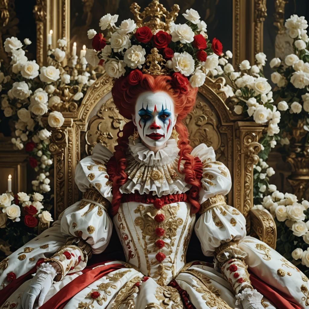Baroque Clown Queen on Gilded Throne with Flowers
