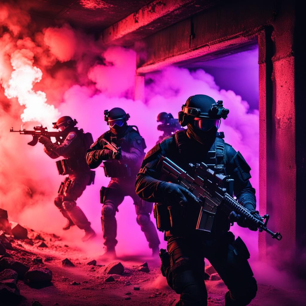 SWAT Team Breaching Bunker in Neon-Lit Combat