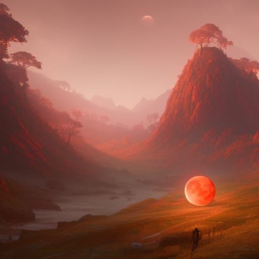 Red moon over the greenest of valleys