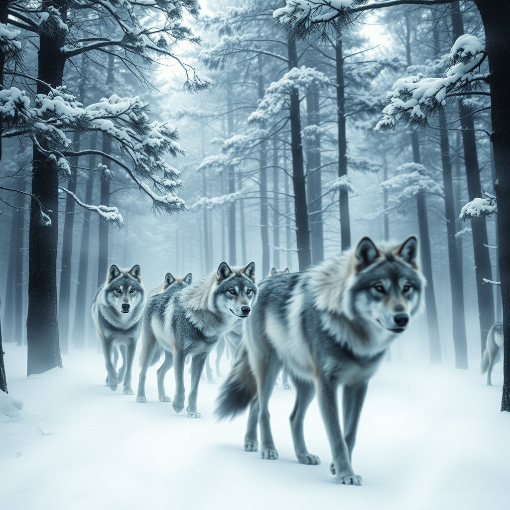 Ethereal Wolves Roaming Snowy Forest in Double Exposure