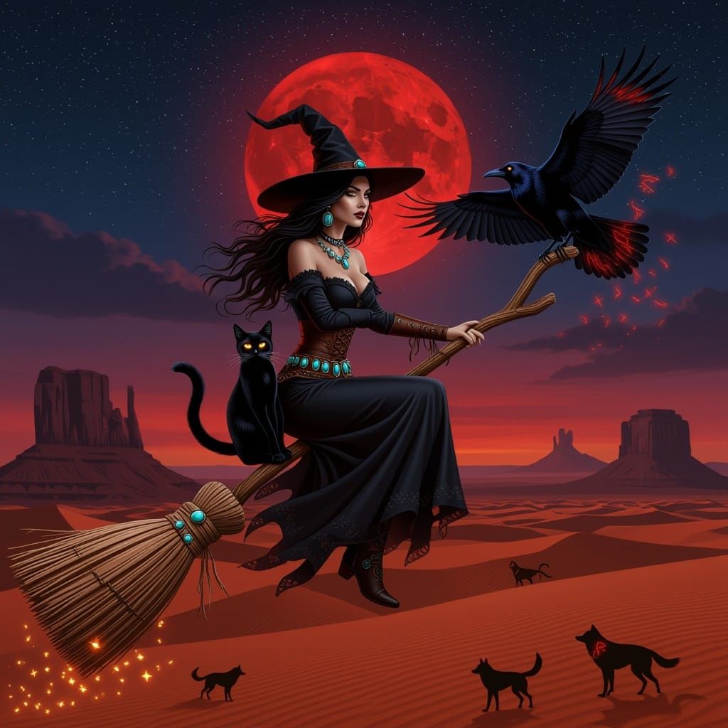 Sinister Western Witch Rides Mesquite Broomstick in Desert T...