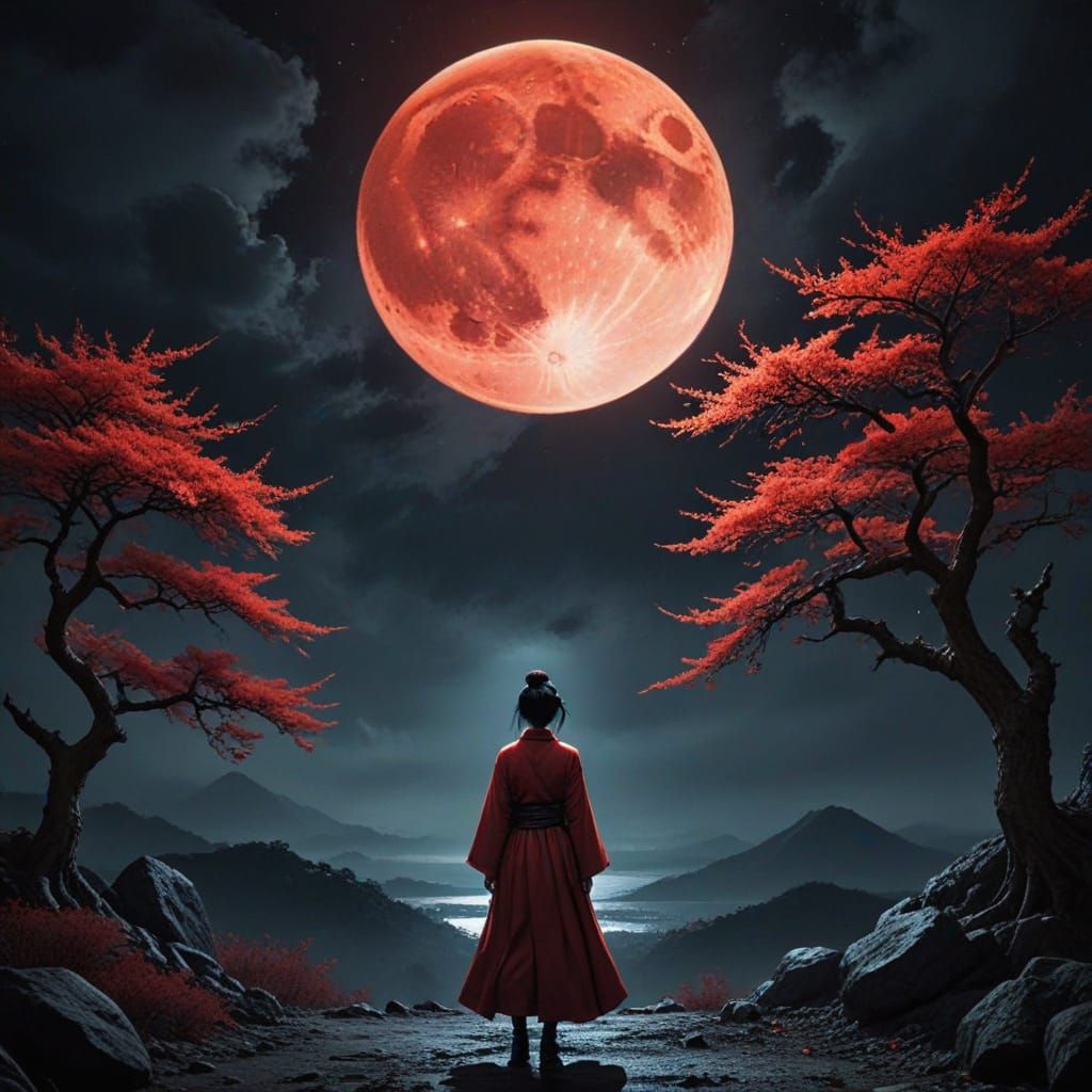 Red Moon Landscape: Ethereal Lunar Scene