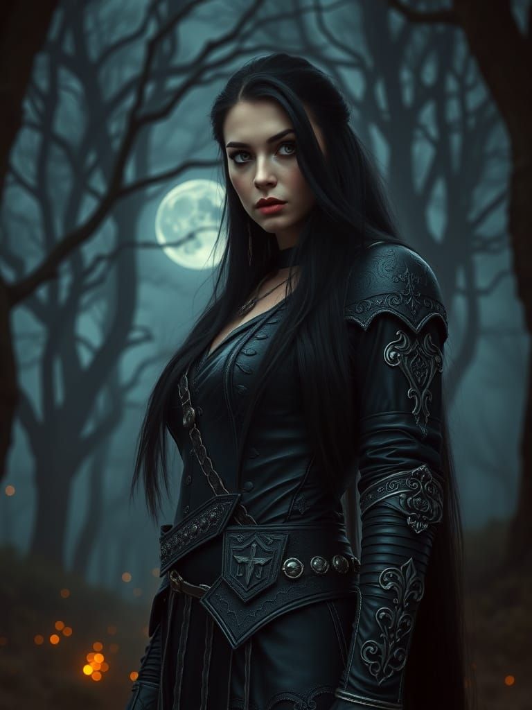 Gothic Huntress in Moonlit Forest, Cinematic Lighting
