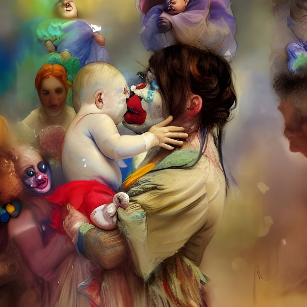 Clown and Baby: Gouache Painting of Urban Dystopia