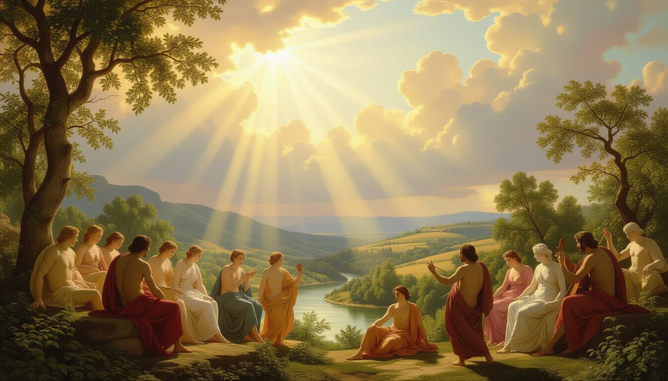Divine Sunlight Bathes Mortals in Ethereal Oil Painting