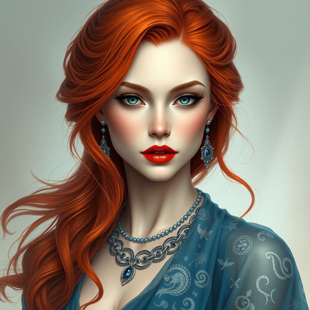 Ethereal Goddess with Fiery Red Hair and Sapphire Jewelry