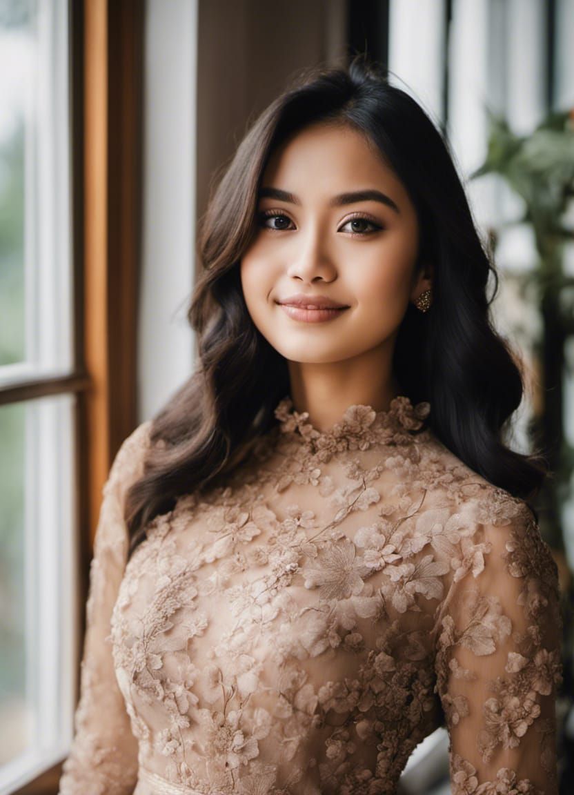 Pretty Indonesian Woman in High-Neck Dress