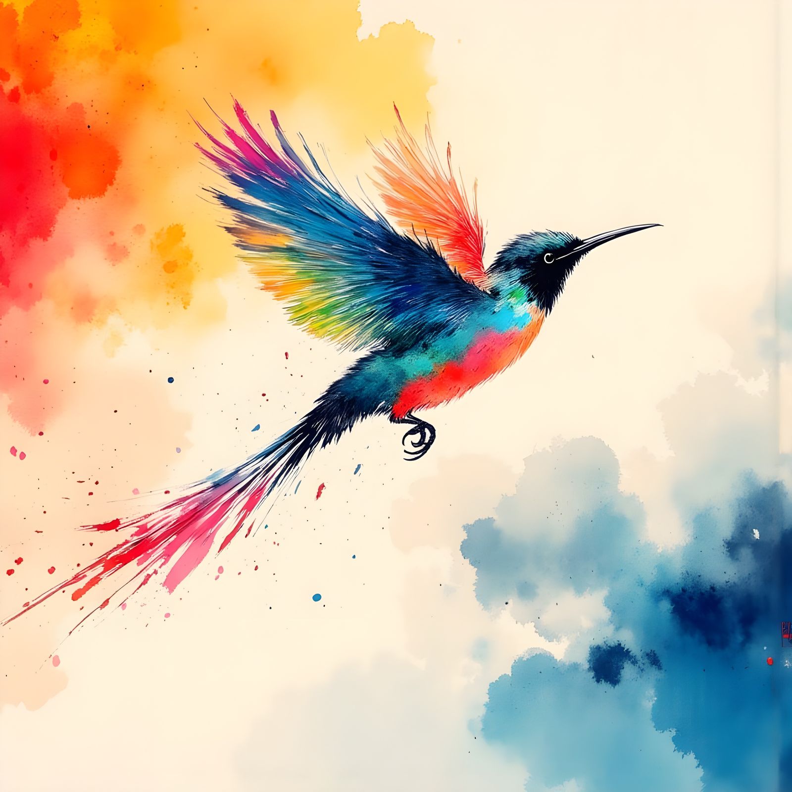 Surreal Bird Takes Flight Amidst Vibrant Clouds in Tradition...