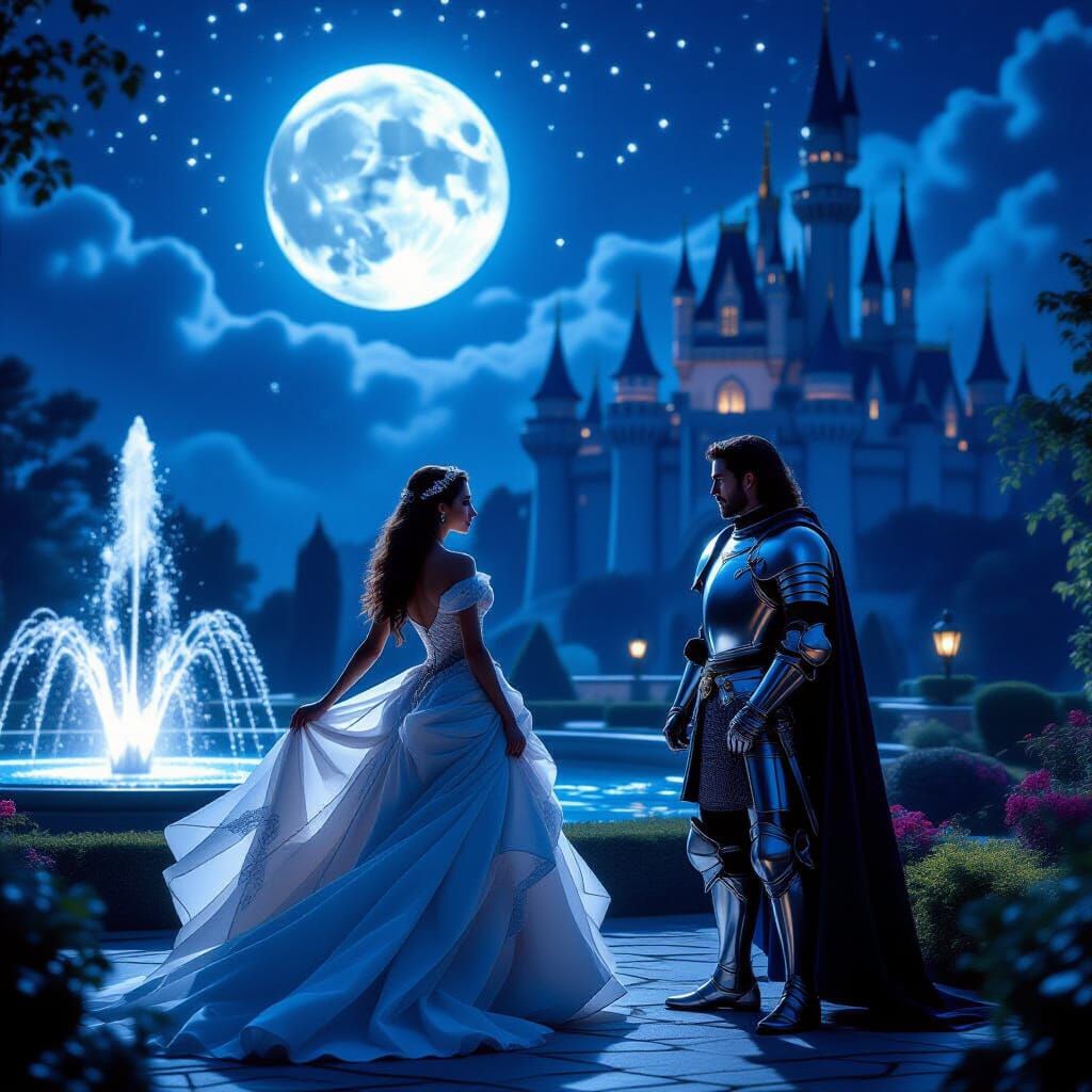 Elegant Lady and Knight Dance in Moonlit Garden
