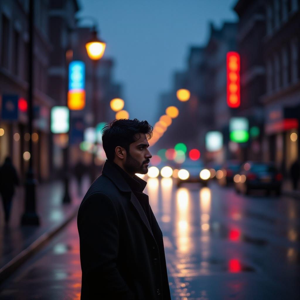 Man in Dusk Rain: Cinematic Streetlamp Silhouette