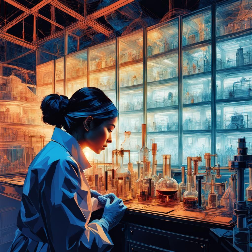 Scientist Silhouette with Blueprint Elements and Geometric F...