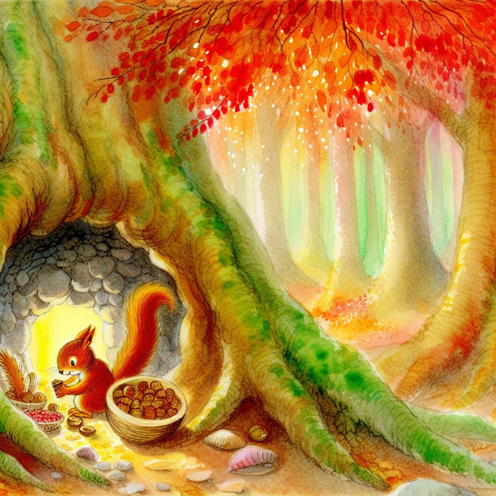 Squirrel's Autumn Harvest: Watercolor and Ink Illustration