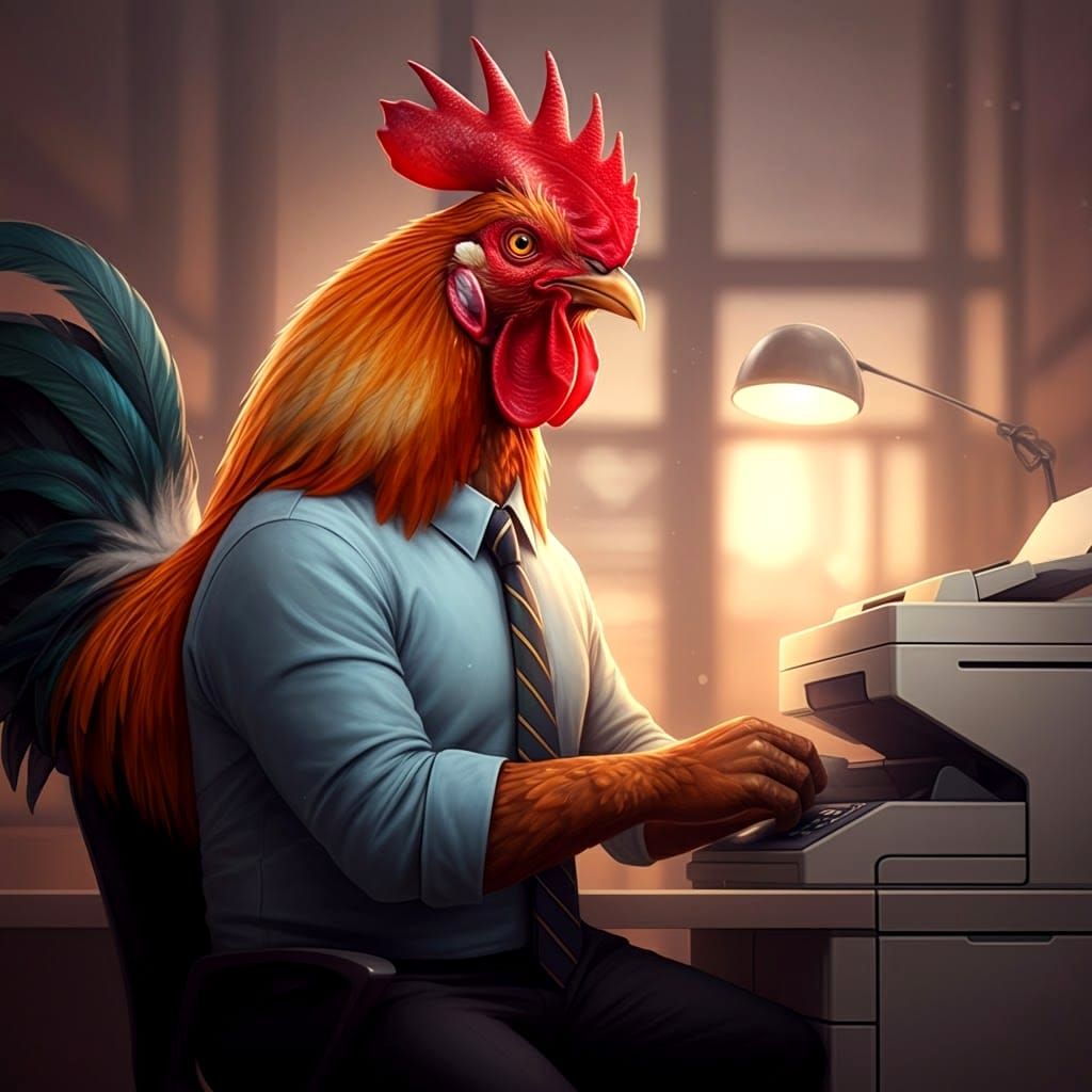 Hyperrealistic Rooster in Office Attire
