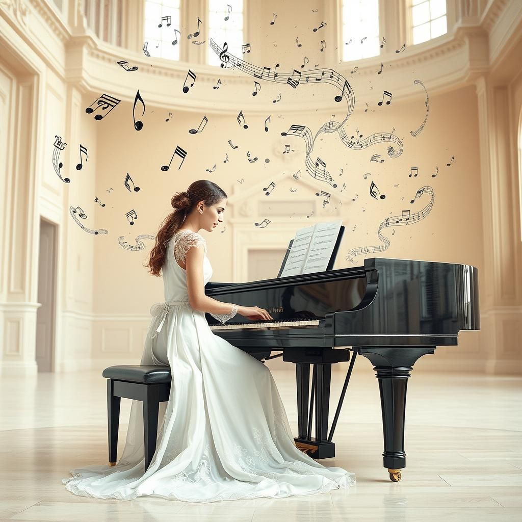 Woman at Piano with Musical Notes, Dreamy Digital Art