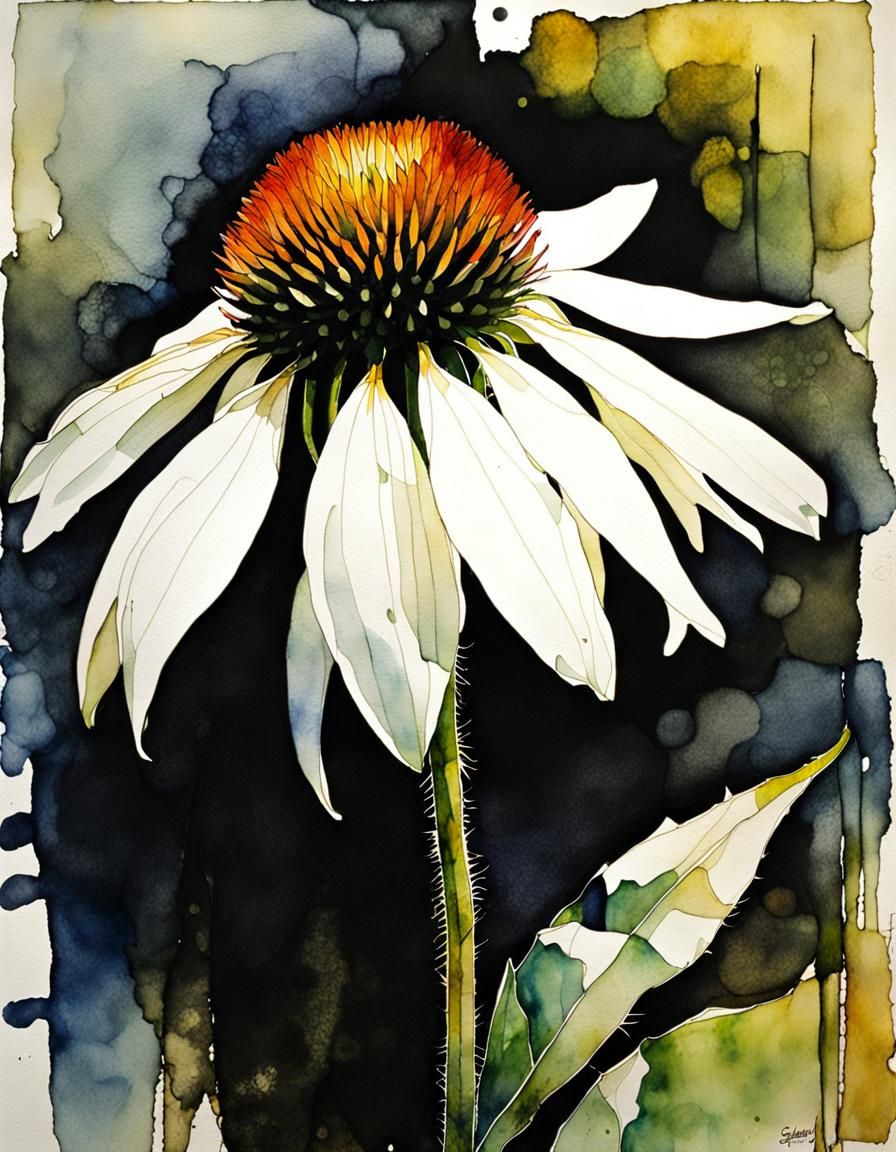 Ethereal White Coneflower: Expressionist Mixed Media Sketch