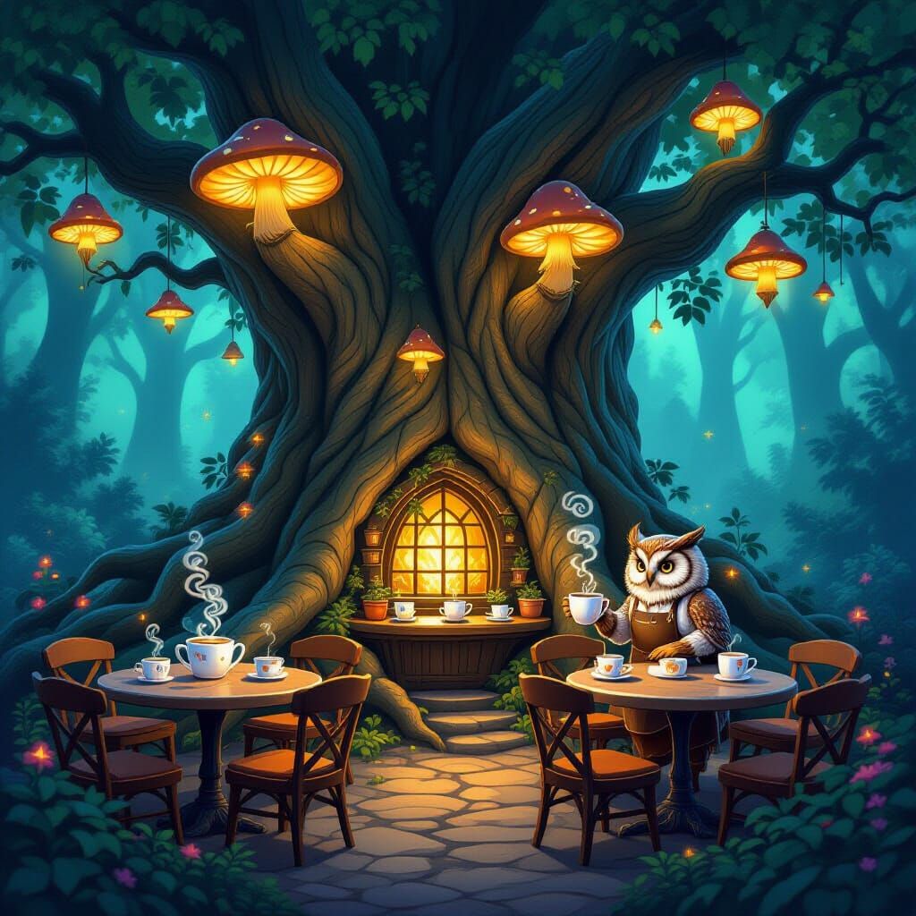 Enchanted Tree Root Café with Magical Steam Sprites