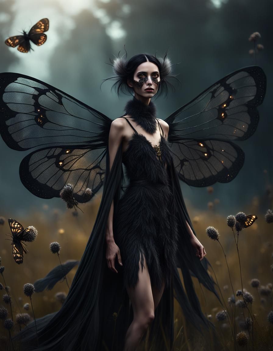 Girl with Moth Wings in Dark Meadow