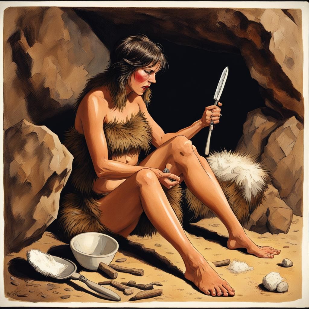 Humorous Cave Woman Shaving Legs with Razor