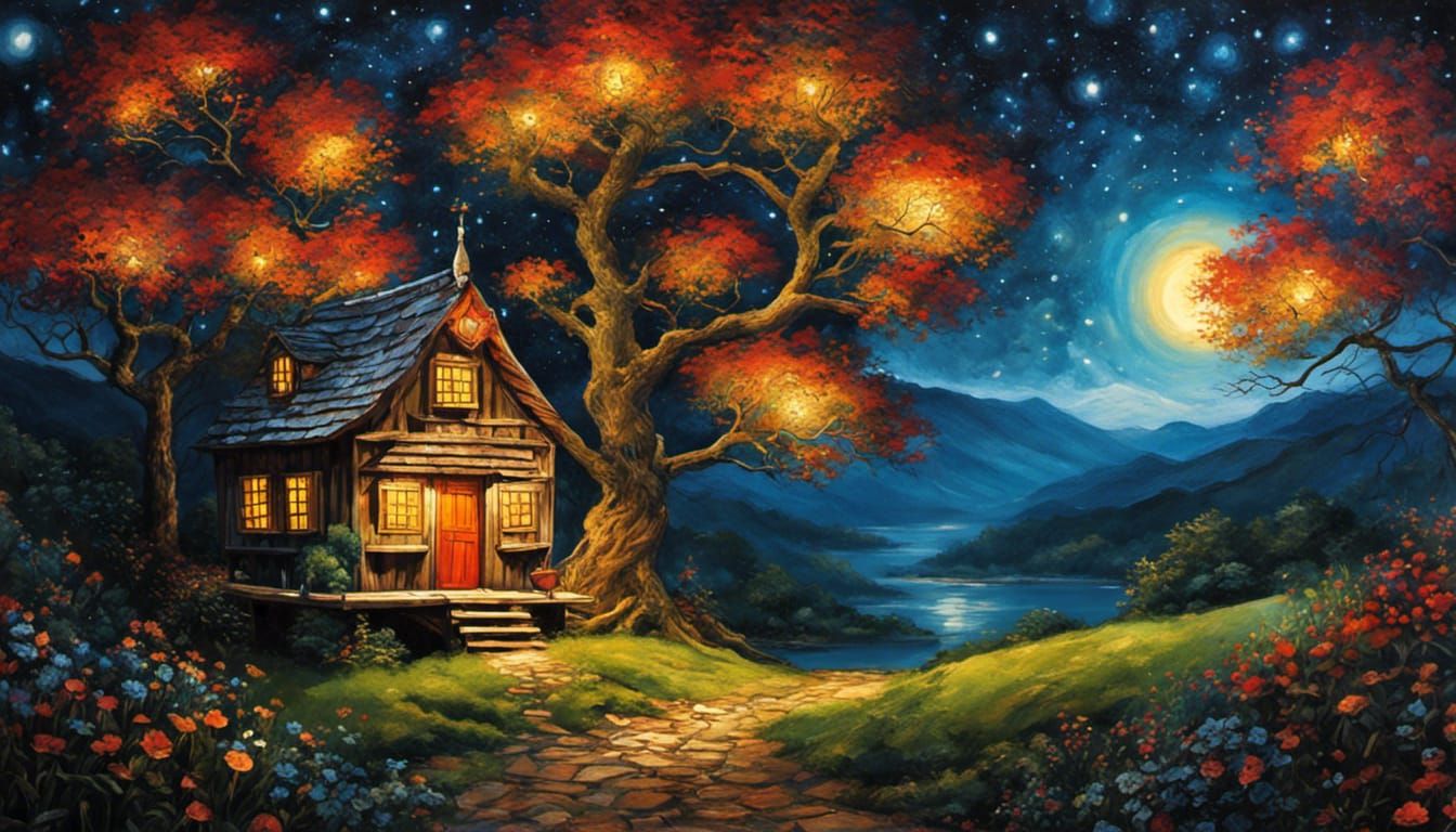 Enchanted Starry Night Wonderland in Gouache Style