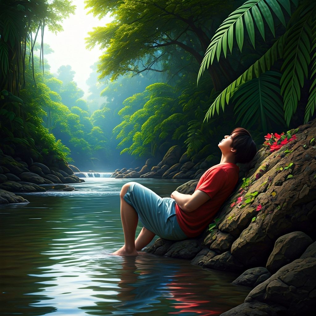 South Korean Man Relaxing by Thai River in Lush Jungle