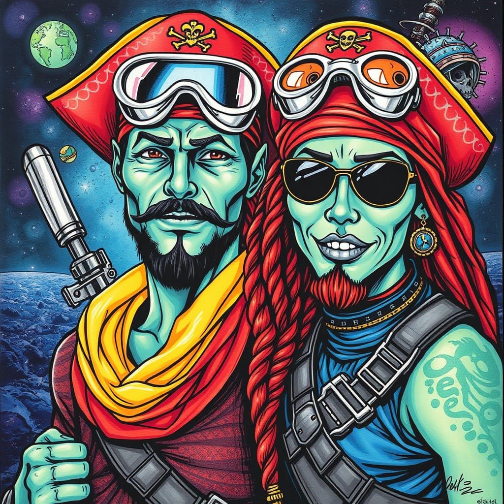 Brazilian Space Pirate Couple in Acrylic Art Style