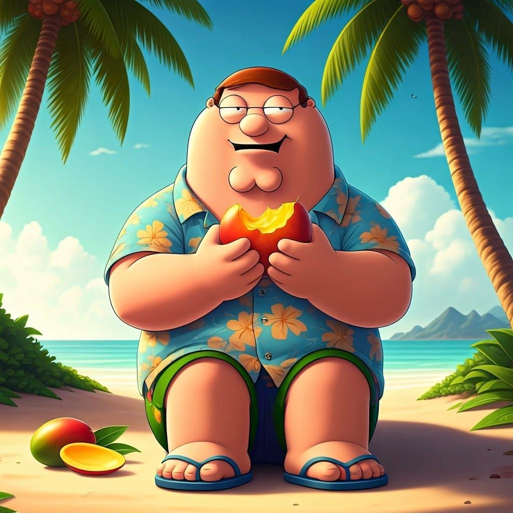 Peter Griffin Savoring a Tropical Mango in Vibrant 8K Anime...