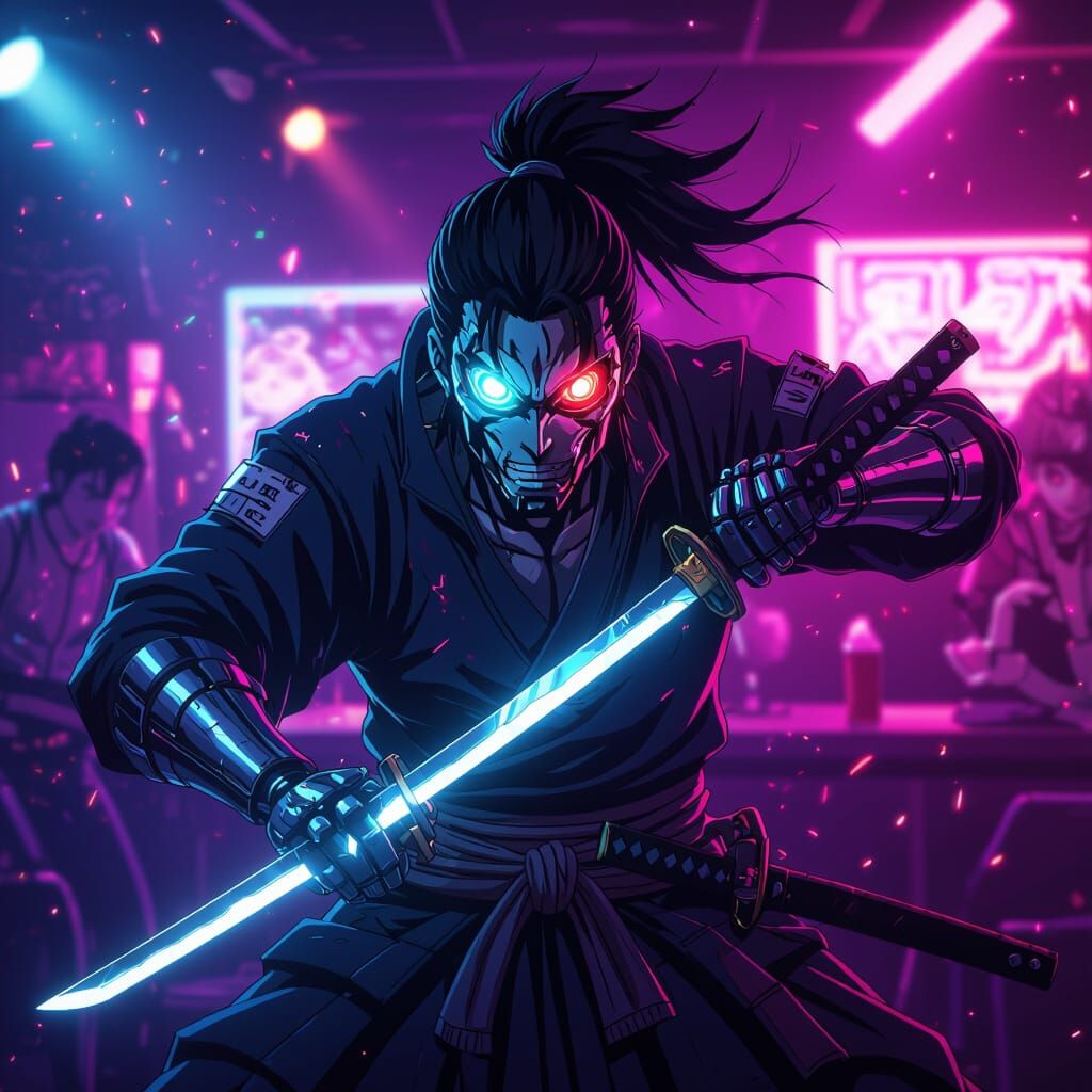Demonic Samurai Warrior in Neon Nightclub: Anime Style
