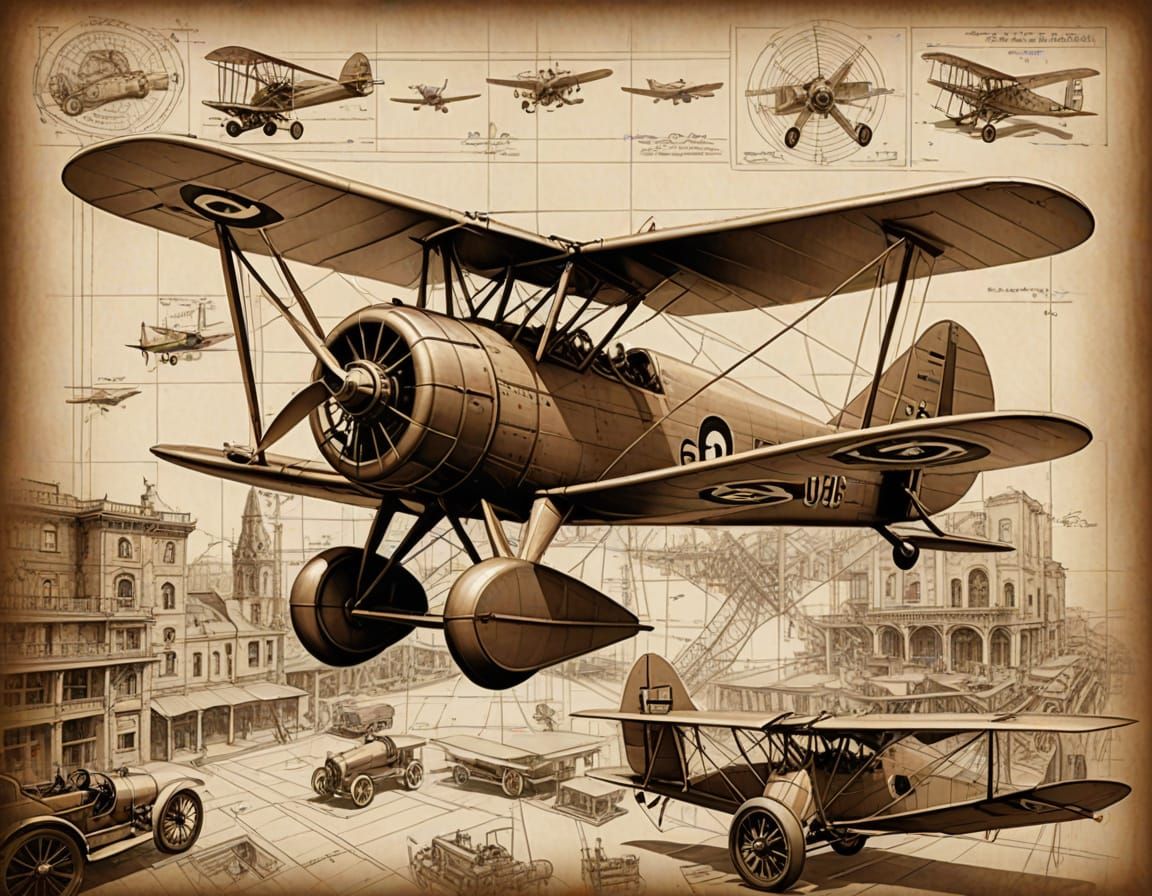 Vintage Biplane with Architectural Drawings in Sepia Tones